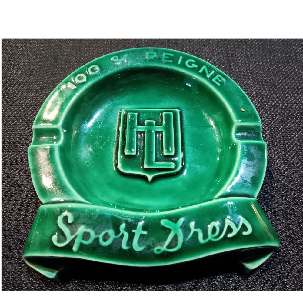 Vintage Sport Dress French Advertising Ashtray Emerald Green Ceramic 100% Peigne